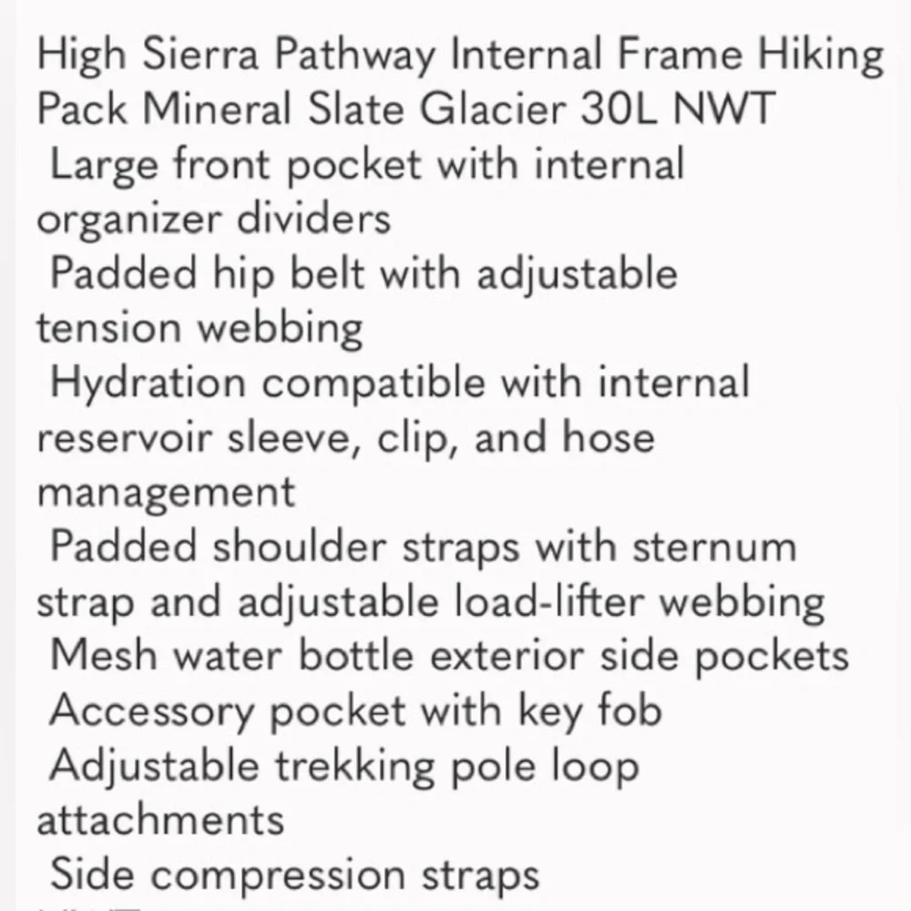 High Sierra Pathway Internal Frame Hiking Pack Mineral Slate Glacier 30L